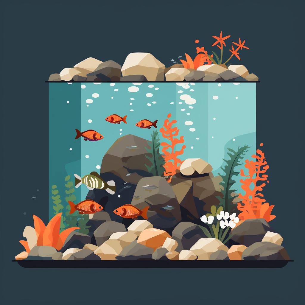 A decorated fish tank with substrate, plants, and a cave