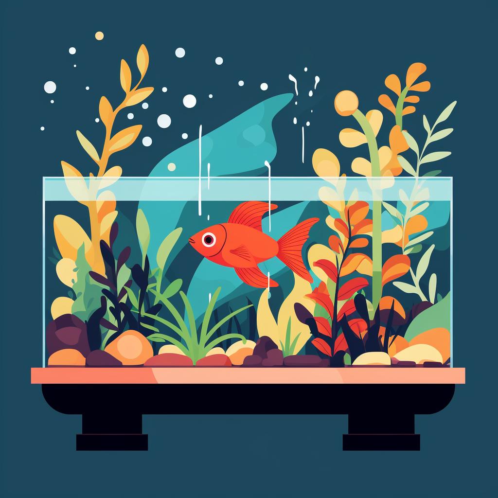 A decorated fish tank with plants and hiding spots