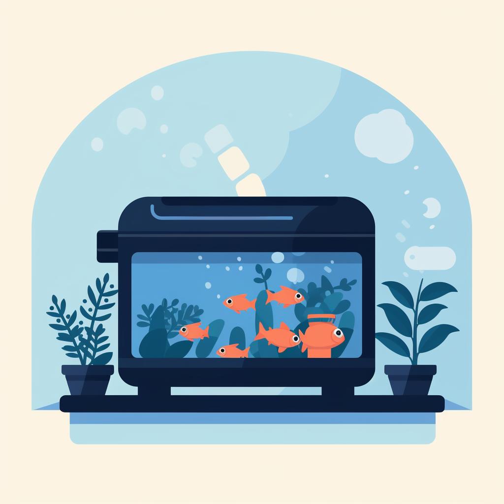A heater and filter installed in a fish tank