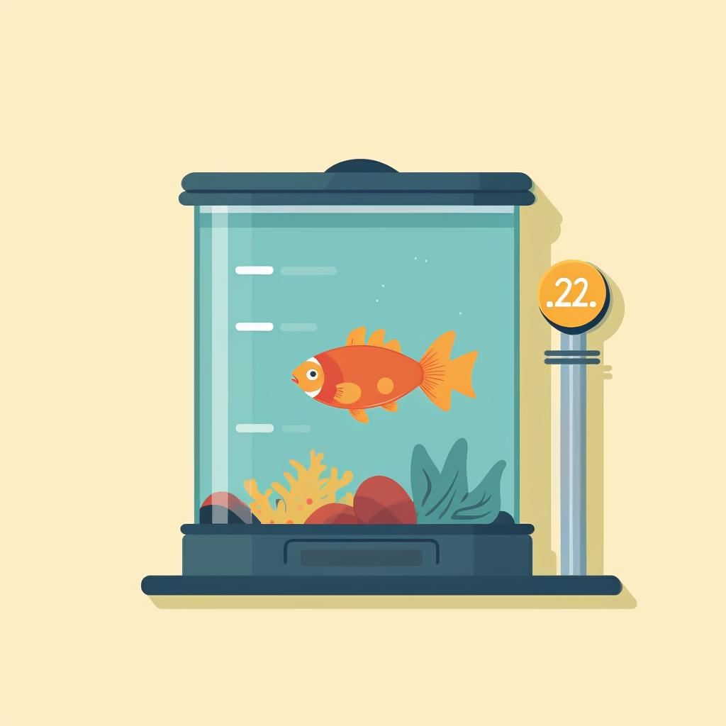 A heater in a fish tank with a thermometer showing the temperature