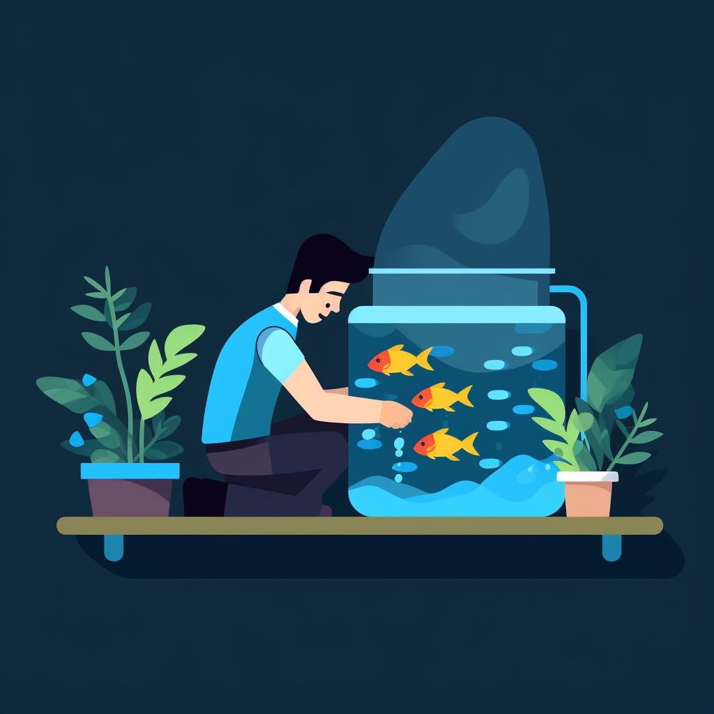 A person adding dechlorinated water to a fish tank
