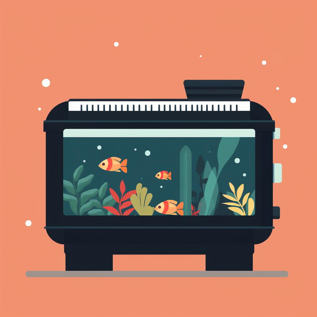 A heater and filter installed in an aquarium