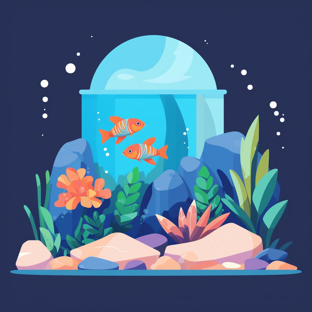 A decorated fish tank with plants, rocks, and a cave