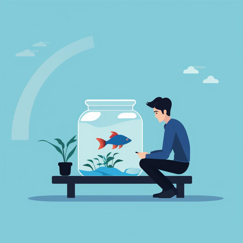 A person observing a betta fish in a tank