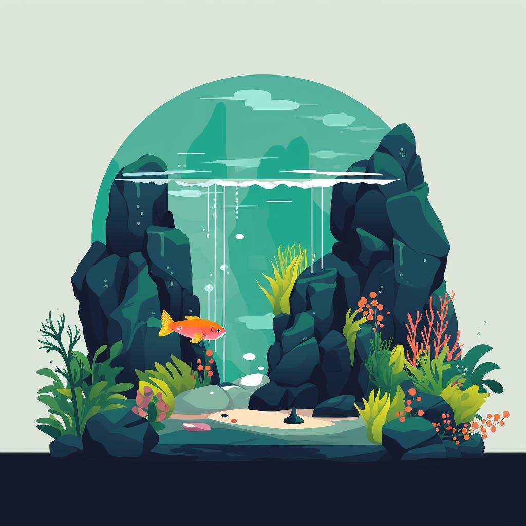 A decorated fish tank with plants and caves