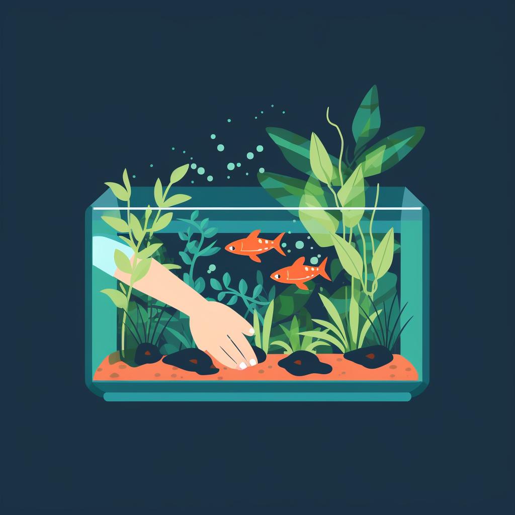 Hands planting aquatic plants in a betta fish tank
