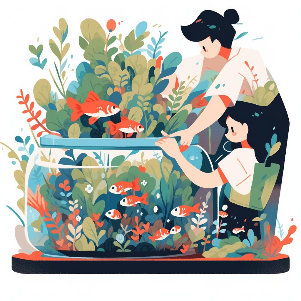 Hands trimming overgrown aquatic plants in a betta fish tank